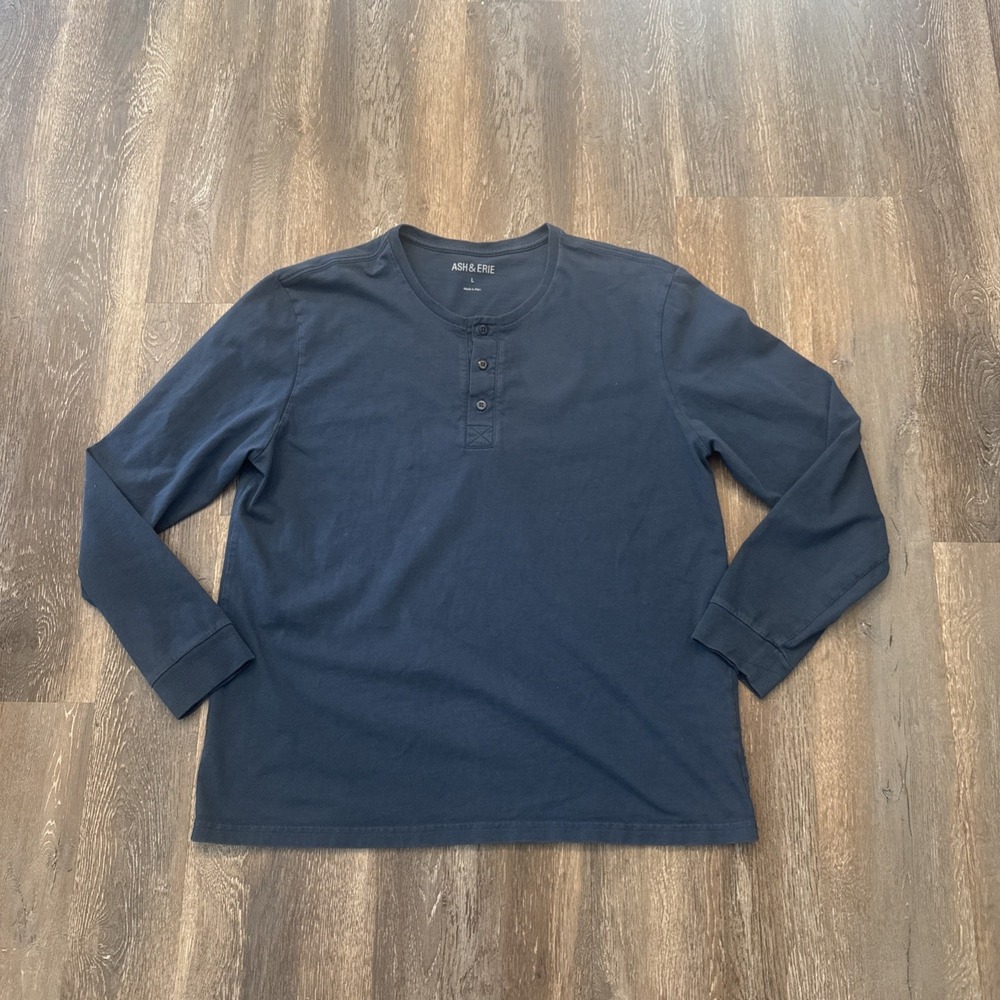 Ash & Erie Men's Large Henley Long Sleeve Shirt Slim Fit Blue